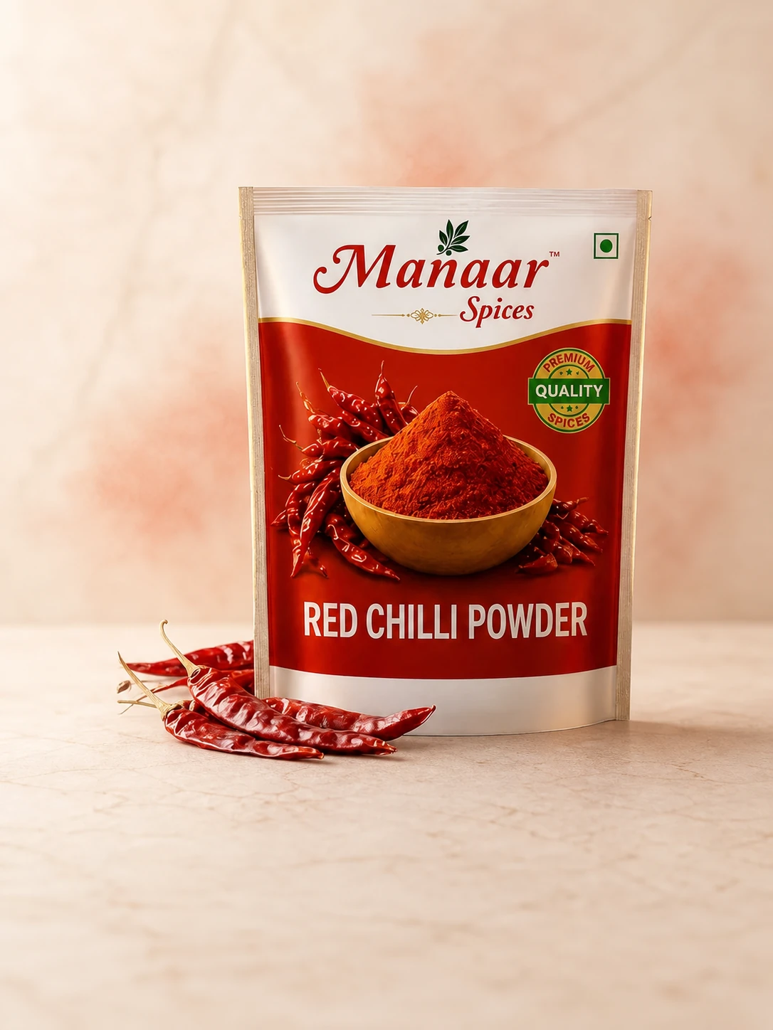 Manaar Red Chilli Powder pack on a cream studio background