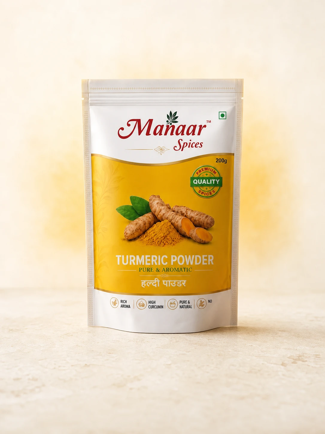 Manaar Turmeric Powder pack on a cream studio background