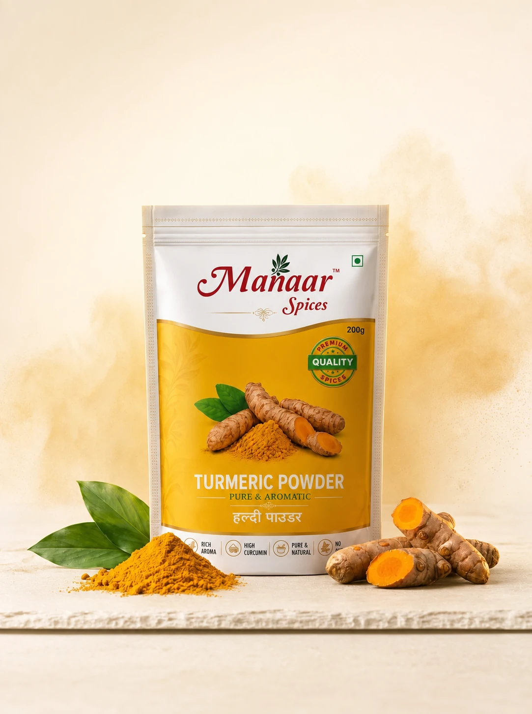 Manaar Turmeric Powder in a bright cream studio scene