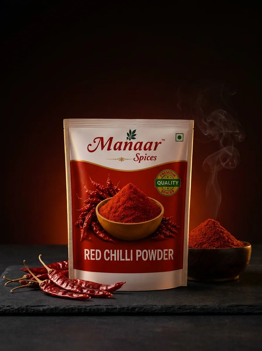Manaar Red Chilli Powder amid dried chillies in low candlelight